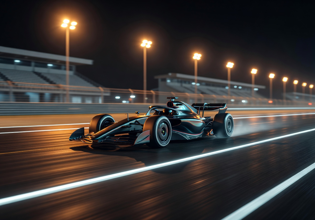 High speed racing car blurring past track lights
